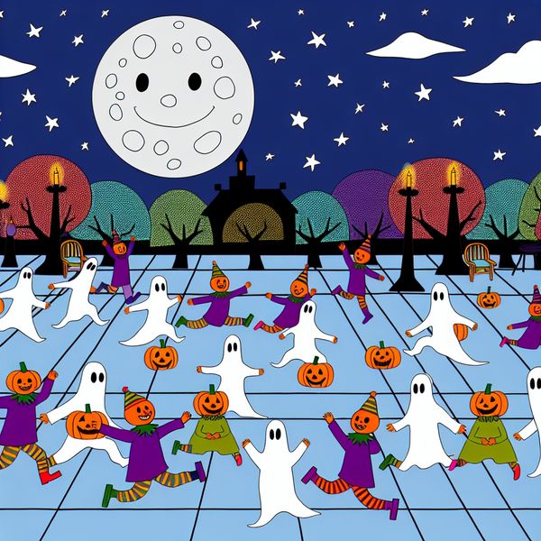 Kinderen spelen spookspel tijdens Halloween Kinderen in kleurrijke spookkostuums spelen het spel 'spook' tijdens Halloween in een versierde tuin met jack-o'-lanterns en een heldere maan.