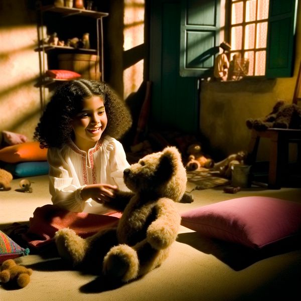 Kinderen met teddyberen spelen in een gezellige kamer Een jong meisje met krullend haar lacht terwijl ze haar teddybeer omhelst in een sfeervolle kamer.