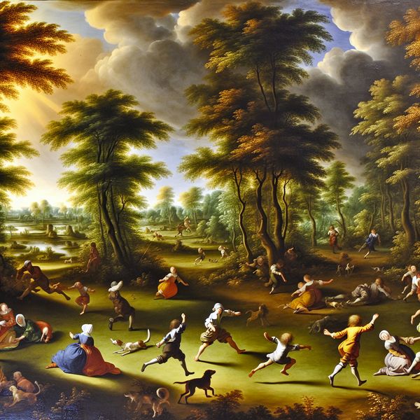 17e-eeuws Hollands landschap met vrolijke kinderen die uitgelaten spelen met een hond in een zonnige tuin