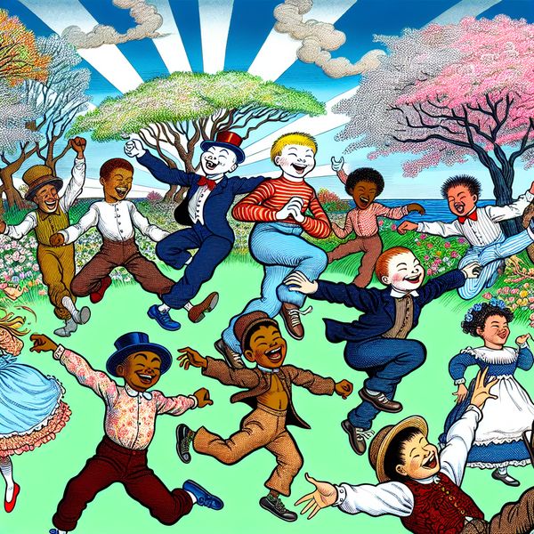 Kinderen spelen in het park - Vrolijke sprongen Vrolijke kinderen springen in de lucht in een park vol met kleurrijke bomen en bloemen, gevangen in een speelse en vrolijke sfeer.