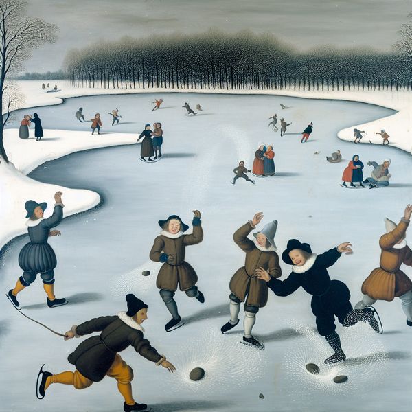 Kinderen gooien stenen op een bevroren meer in een winterlandschap, geschilderd in de stijl van Hendrick Avercamp.