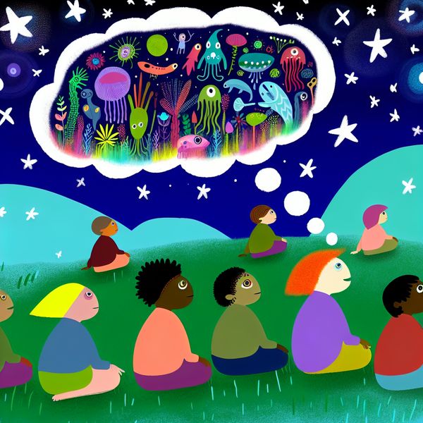 Kinderen die een fantasiewereld verbeelden onder een sterrennacht Illustratie van kinderen die op een grasheuvel zitten en omhoog kijken naar een sterrennacht terwijl ze zich een kleurrijke alienplaneet voorstellen.