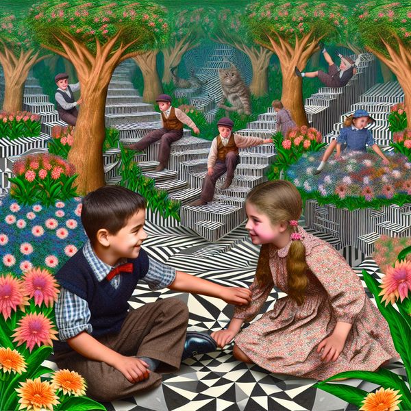 Speelplezier van Kinderen in Surrealistisch Tuinontwerp Een jong meisje en jongen spelen samen in een surrealistische tuin vol bloemen en onmogelijke vormen, geïnspireerd door M.C. Escher.