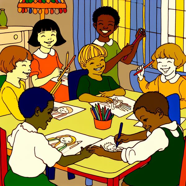 Groep kinderen die met kleurpotloden en pennen tekenen en schrijven aan een kleurrijke tafel in een zonnige kamer.
