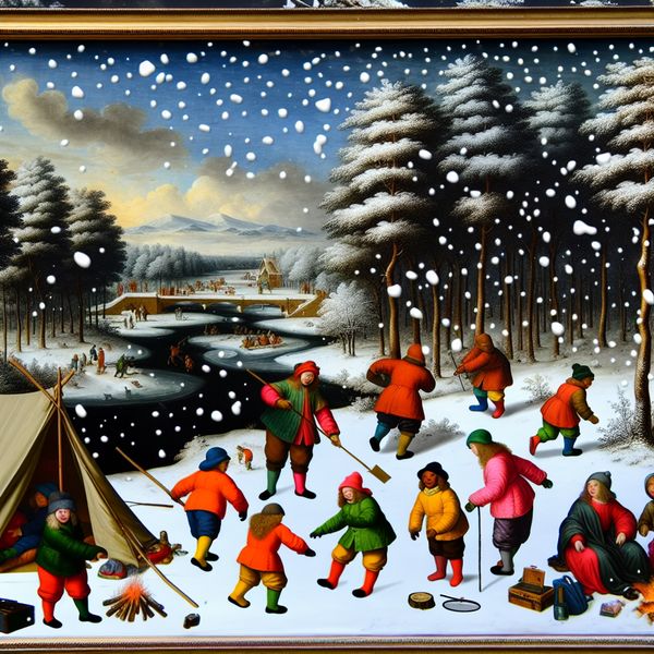 Kinderen opzetten tent in winterse campingscène Kinderen zetten een tent op in een winterse scènee bij een rivier, omgeven door dennenbomen en sneeuw.