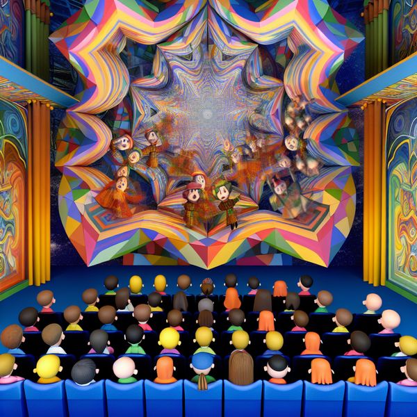 Verwonderende Kinderen in Theater bij Surrealistische Toneelvoorstelling Kinderen in een theater kijken met verwondering naar een kleurrijke, surrealistische toneelvoorstelling.