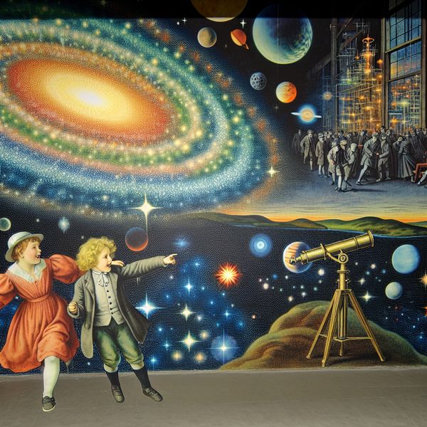 Twee kinderen onder een sterrenhemel die omhoog kijken naar een kleurrijke weergave van het universum.