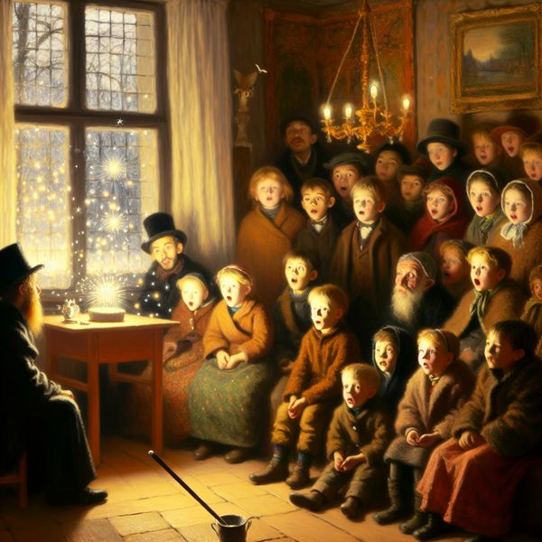 Een groep kinderen kijkt gefascineerd naar een goochelaar die een indrukwekkende truc uitvoert in een sfeervolle kamer.