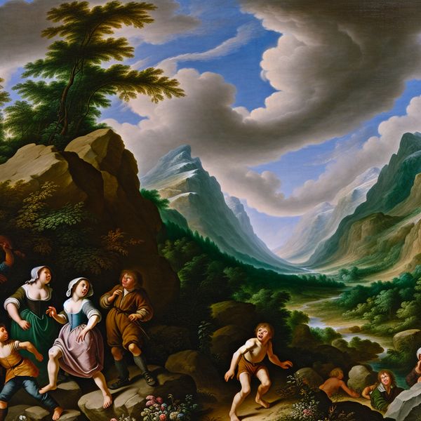 Kinderen Verkennen een Landschap geïnspireerd door Jacob van Ruisdael Schilderij van een weids landschap met een groep kinderen die een groene vallei verkennen, omringd door bergen en een dramatische lucht met zwemmende wolken.