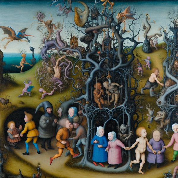 Surrealistisch tafereel van kinderen die verstoppertje spelen Kinderen spelen verstoppertje achter een kronkelig hek versierd met bizarre wezens.