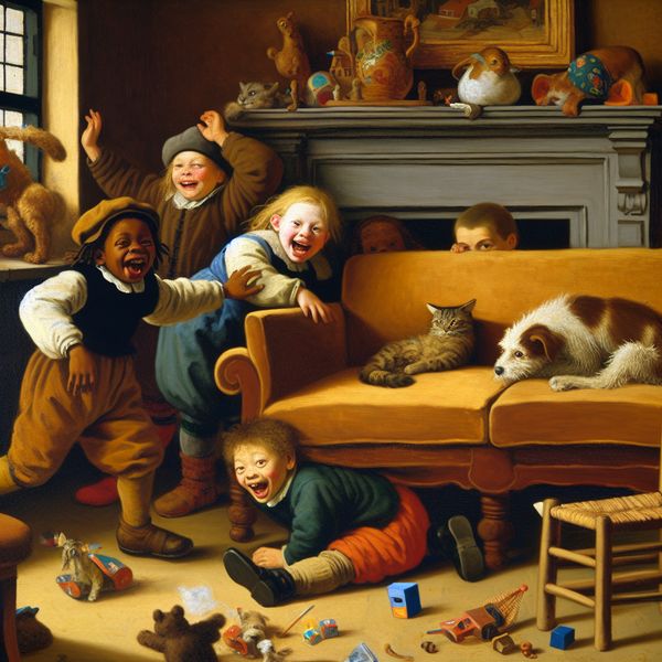 Kinderen spelen blij verstoppertje in een gezellige woonkamer vol kleur, met een hond en een kat op de achtergrond.