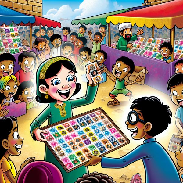 Kinderen Verzamelen en Ruilen van Zegels Een kleurrijke cartoonafbeelding van kinderen die vrolijk zegels verzamelen en ruilen, met gedetailleerde ontwerpen van verschillende producten en bedrijven.