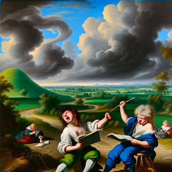 Kinderen zeuren over huiswerk in een prachtig landschap Twee kinderen die gefrustreerd zijn terwijl ze hun huiswerk aan een weg doen, omringd door een majestueus landschap met groene heuvels en een dramatische lucht.