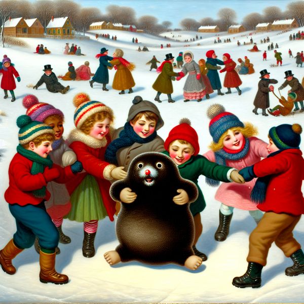 Kinderen met schattige mol speelgoed in de sneeuw Kinderen spelen buiten in de sneeuw met een schattige mol speelgoed, omringd door een winterlandschap.