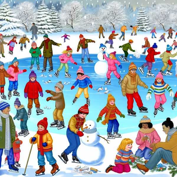 Kinderen spelen op een bevroren meer: winter recreatie Kinderen spelend op een bevroren meer, schaatsend en een sneeuwman bouwend in kleurrijke winterkleding.