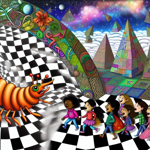 Een kleurrijke cartoonachtige worm begeleidt een groep diverse kinderen door een surrealistisch landschap met geometrische patronen.