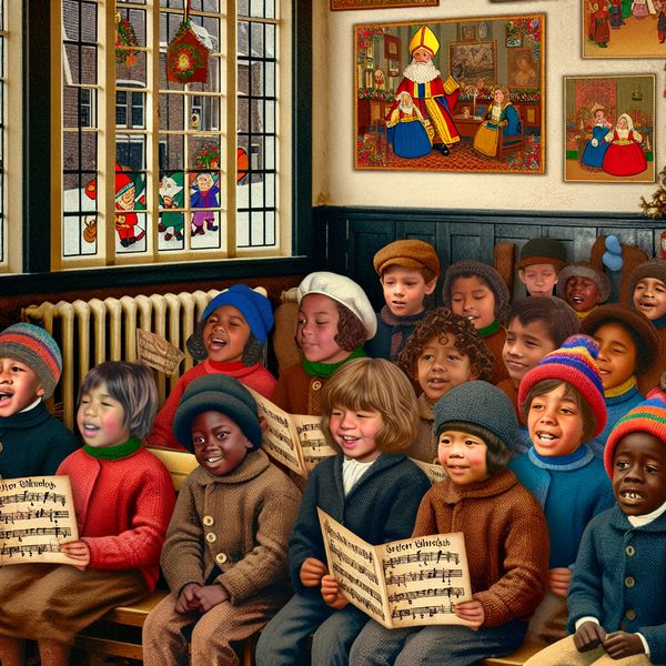Vrolijke Kinderen Zingend Sinterklaasliedjes in de Klas Kinderen zingend in een sfeervolle klas tijdens Sinterklaas met kleurrijke decoraties, onder begeleiding van een vrolijke leraar.