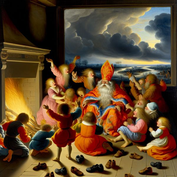 Kinderen Zetten Hun Schoen voor Sinterklaas in Van Ruisdael Stijl Kinderen bij een vuur zingen voor Sinterklaas in een schilderachtige scène, in de stijl van Jacob van Ruisdael