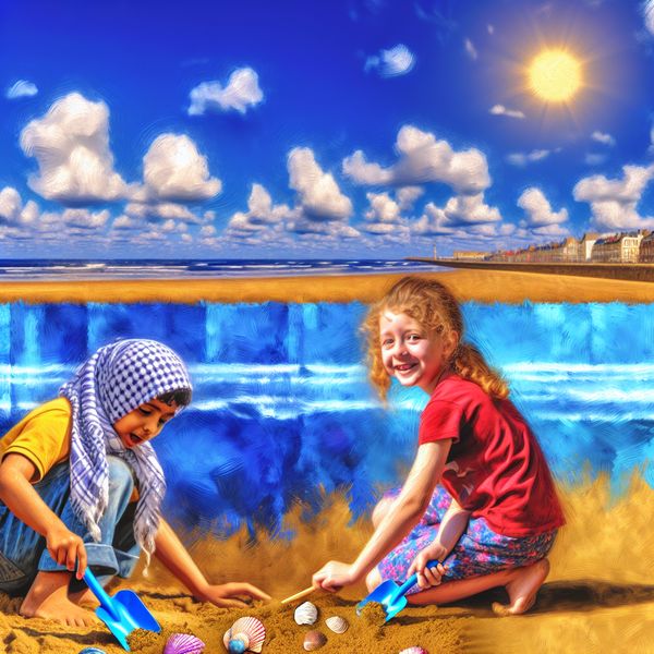 Kinderen Spelen en Zoeken naar Schelpen in de Zandbak Twee kinderen spelen in een zandbak met kleine schepjes, op zoek naar kleurrijke schelpen. Een heldere blauwe lucht met ronde, witte wolken op de achtergrond.