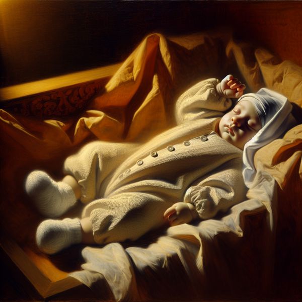 Kinderjurk met knoopjes: klassieke babykleding in warme Rembrandt-sfeer Teder portret van een baby in een zachte, volledige katoenen kinderjurk met knoopjes, liggend in een houten wieg met warme belichting in Rembrandt-stijl