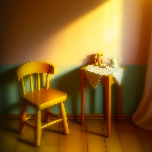 Een klein kinderstoeltje en tafel met speelgoed in een zonovergoten hoek van een kamer, stralend met een zachte gloed.