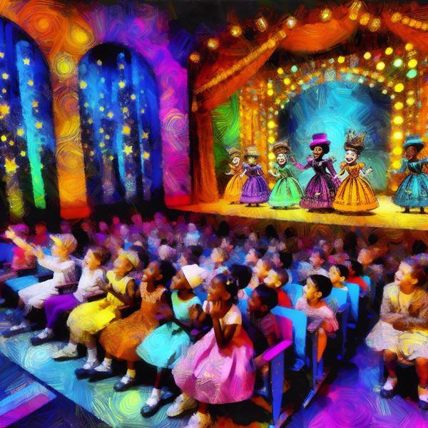 Vibrant Kindertoneel in Knus Theater Kleine kinderen kijken met blijdschap naar een spel in een kleurrijk theater met cartoonachtige decors en vrolijke kostuums.