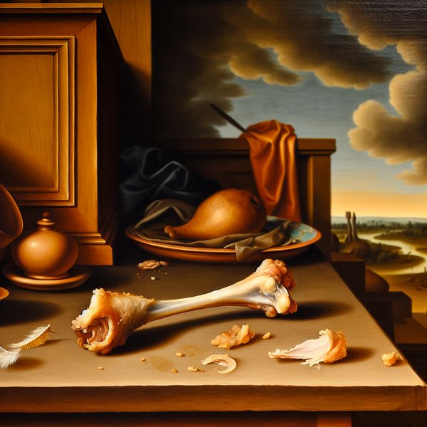 Kippenbot in historische keukenscène - betekenis van het woord 'bot' leren Gedetailleerde 17e-eeuwse Nederlandse schilderij van een roestieke keukenscène met een kippenbot in de voorgrond, in de stijl van Jacob van Ruisdael