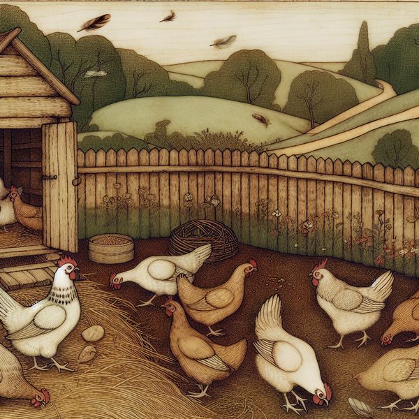 Illustratie van een nostalgisch kippenhok met ren in Anton Pieck-stijl, waar kippen vrij rondscharrelen in een afgesloten tuin
