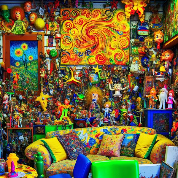 Eclectische Kitsch Woonkamer met Kunst van Vincent van Gogh Stijl Kitsch woonkamer met kleurrijke decoraties en een groot schilderij