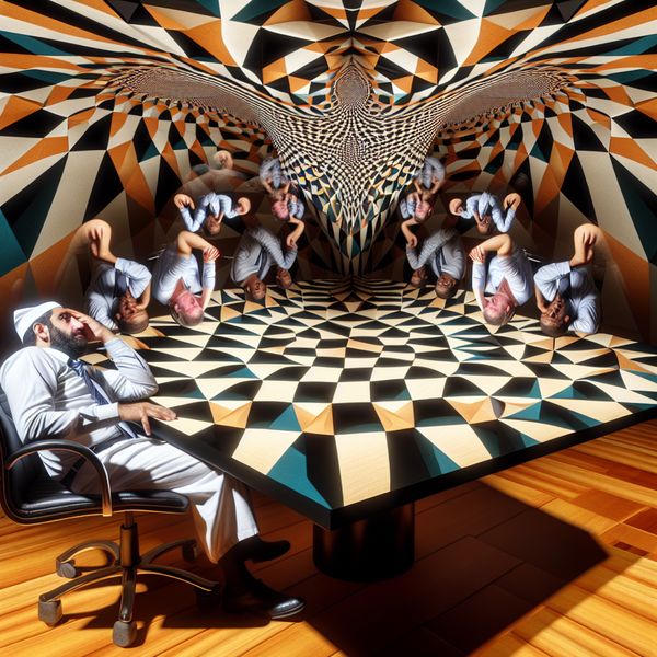 Klagen en Frustratie in een Surrealistische Afbeelding Een man zit aan een vervormde conferentietafel, omgeven door geometrische patronen en reflecties van gezichten in wanhoop, expres de druk van werk en frustratie.