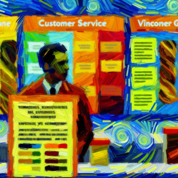 Klantgerichte communicatie met duidelijkheid en precisie Illustratie van een klantenservicemedewerker achter een balie, omringd door kleurrijke instructieborden, in de stijl van Vincent van Gogh.