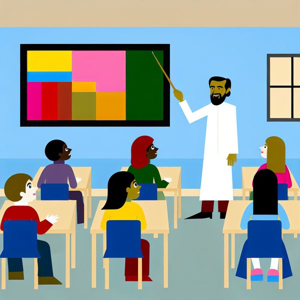 Een klaslokaal met een leraar die lesgeeft aan leerlingen die aandachtig luisteren, met felle kleuren en een kinderlijke stijl.