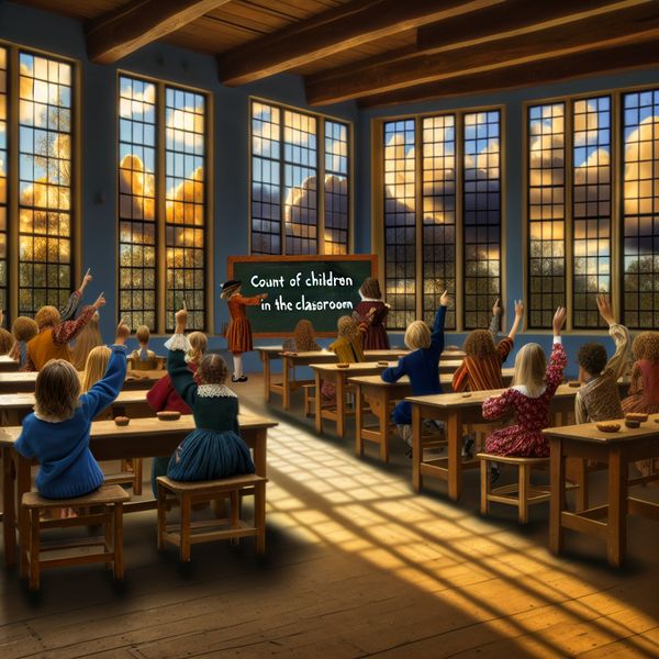 Klassenlokaal met kinderen die hun handen opsteken om te tellen Kinderen in een klaslokaal steken hun handen op om vragen te beantwoorden, met een krijtbord op de achtergrond dat 'Tel van de kinderen in de klas' zegt.