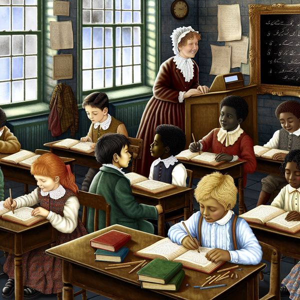 Een klaslokaal met kinderen die geconcentreerd aan een opdracht werken terwijl de lerares hen vriendelijk observeert.