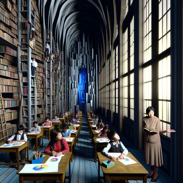 Een hyper-realistisch schilderij van een klaslokaal met kinderen die hun kleurrijke tekeningen aan hun leraar tonen, omringd door surrealistische architectuur.