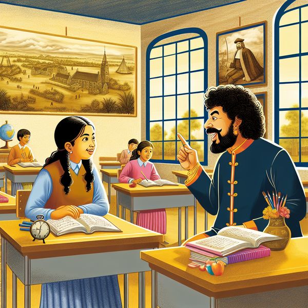Klaslokaal met Leerling en Leraar in Actie Illustratie van een klaslokaal waar een leerling aandachtig naar een leraar luistert, omringd door onderwijs materialen en grote wandposters van historische landschappen.