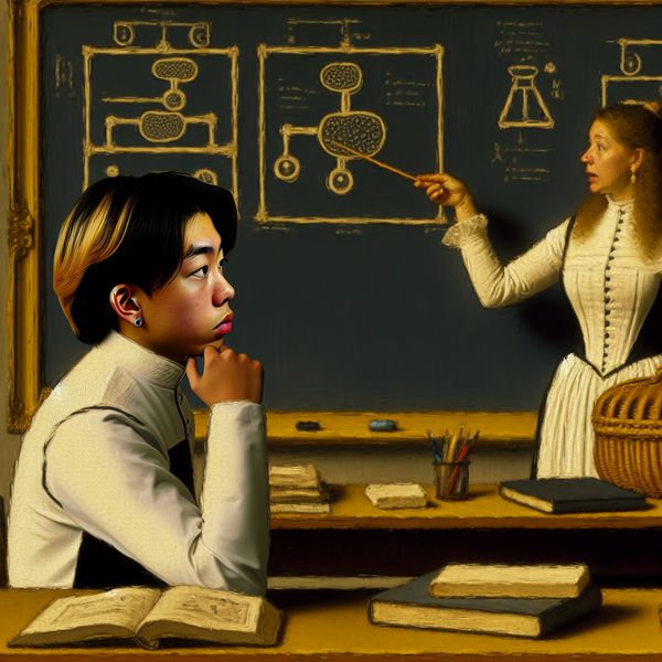 Leerling volgt les in klaslokaal Een leerling observeert aandachtig een les in een sfeervolle klaslokaal, met een leraar die uitlegt voor het bord.