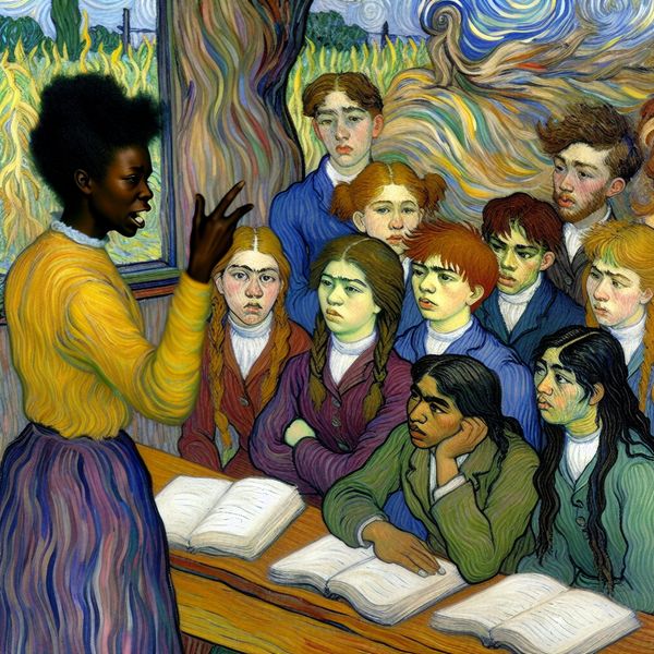 Klaslokaalscène: Leraar Uitleggen Concept aan Studenten Klaslokaalscène met een leraar die een concept uitlegt aan een diverse groep studenten, met één verwarrende student in beeld.