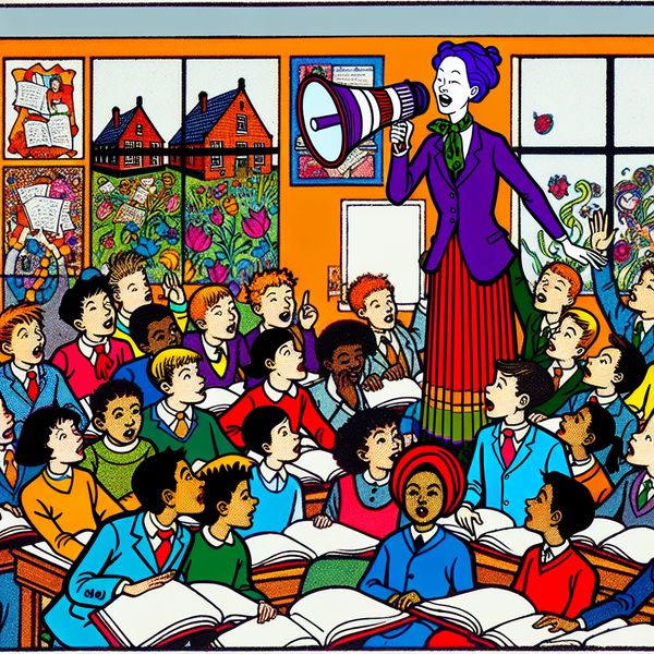 Een cartoonachtige afbeelding van een enthousiaste leraar op een stapel kleurrijke boeken met een megaphone, die tegen een groep diverse leerlingen spreekt in een klaslokaal.