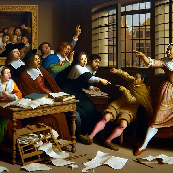 Leraar wijst naar studenten in een klaslokaal met een rommelig bureau vol papieren en boeken