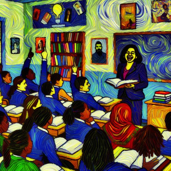 Een dynamisch klaslokaal waar een enthousiaste leraar met leerlingen in interactie is, geïnspireerd door Vincent van Gogh's schilderstijl.