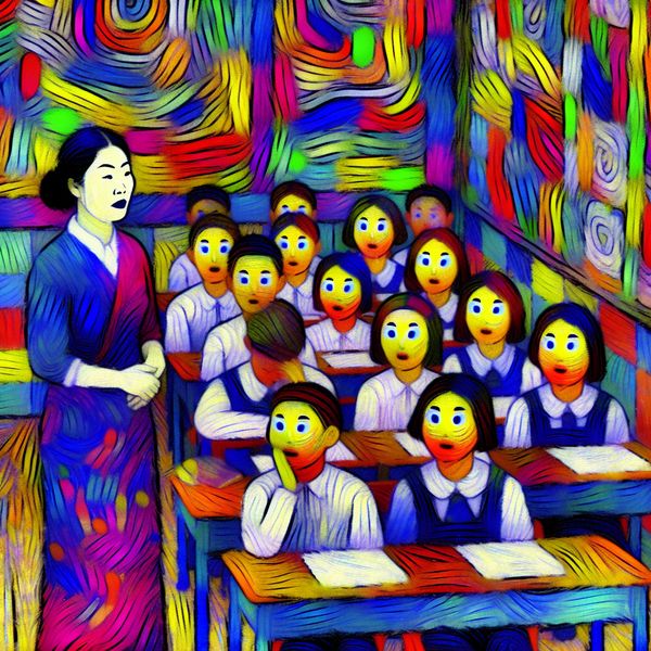 Vibrante Klaslokaal Scene met Stille Studenten Een levendige klaslokaal waarin een leerkracht een stille groep studenten observeert terwijl ze aandachtig achter hun bureau zitten.