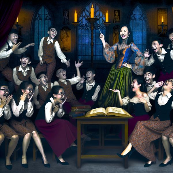 Klaslokaal met Studenten en Leraar in Donkere Stijl Een klaslokaalscene in een donkere, complexe stijl, met jonge studenten die in het achterste gedeelte van de kamer lachen en fluisteren terwijl de leraar een serieuze lezing geeft.