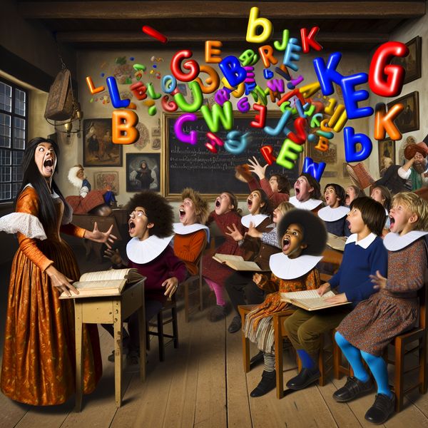 Leren klanken van letters in een kleurrijk klaslokaal Een sfeerfoto van een klaslokaal waarin kinderen luisteren naar hun leraar en de klanken van letters leren, omringd door kleurrijke letters die in de lucht zweven.