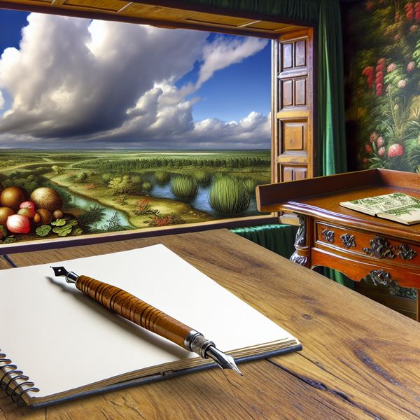 Een klassieke houten tafel met een pen aan de rand, een open notitieboek met schetsen en een uitzicht op een weelderig landschap met dramatische wolken
