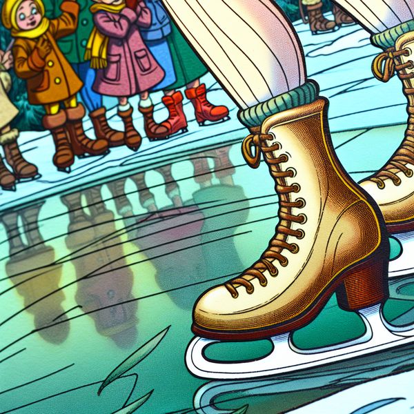 Cartoon van schaatsen die worden vastgemaakt aan de voeten van een persoon, klaar om te schaatsen op een bevroren vijver in een winterlandschap