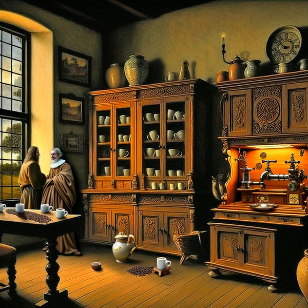 Gedetailleerde 17e-eeuwse Nederlandse kantoorinterieur met gezellige koffiehoek, geïnspireerd op Jacob van Ruisdael, met twee collega's in gesprek bij een espressomachine