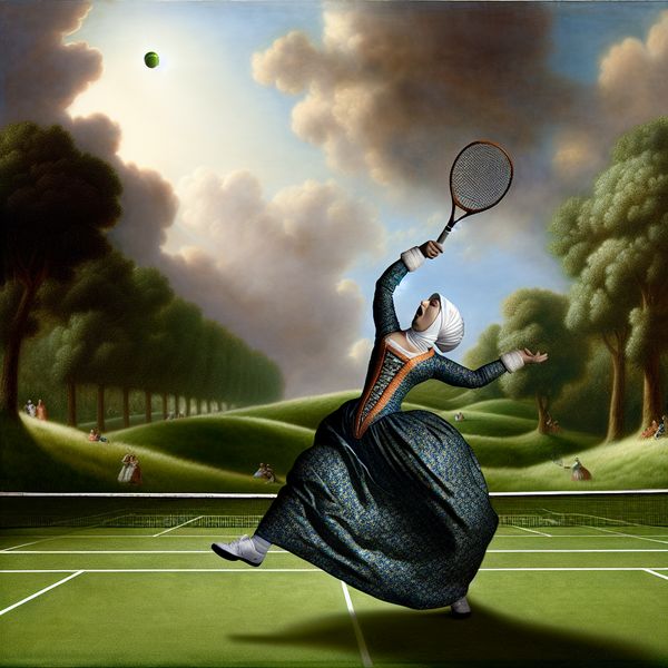 Klassieke tennis serveeractie in schilderkunstige stijl met natuurlijke achtergrond Tennisser in klassiek tenue serveert krachtig op groene tennisbaan met dramatische lucht en weelderige natuur in de stijl van Jacob van Ruisdael