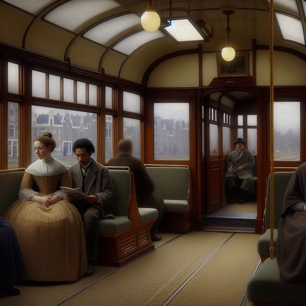 Stille scène in een klassieke Nederlandse tram met passagiers in elegante kleding, zacht verlicht door natuurlijk licht