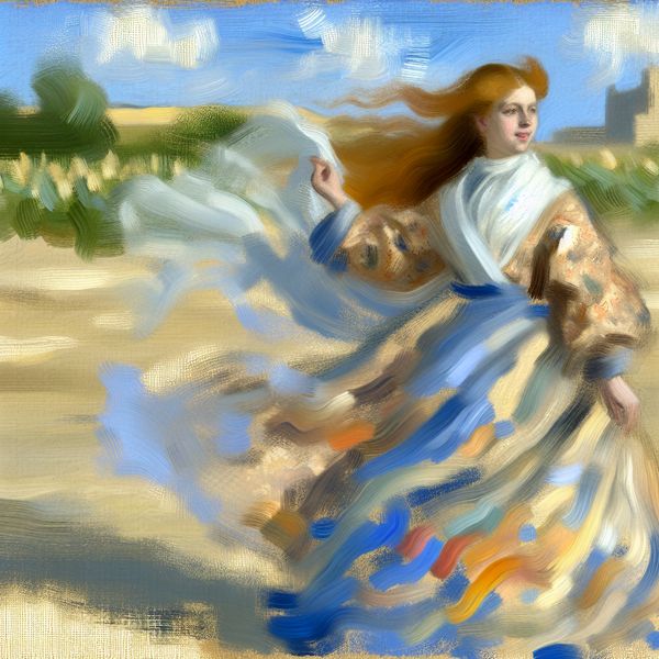 Jonge vrouw in een wijd uitwaaierende zomerjurk door de wind, geschilderd in de stijl van Frans Hals
